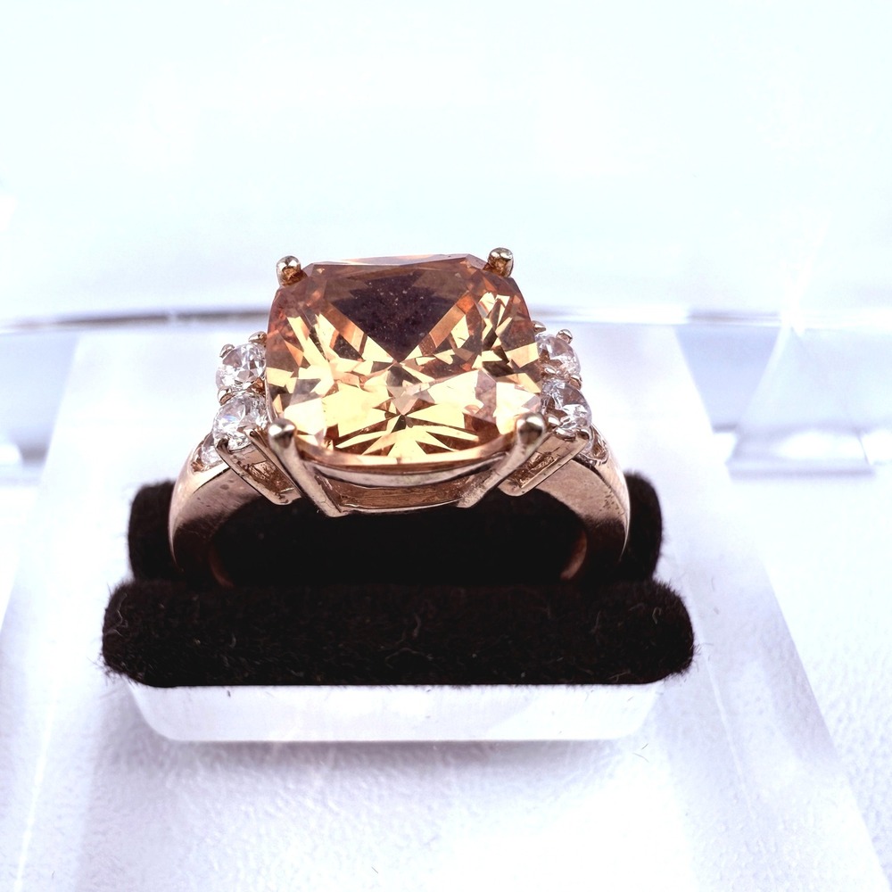 PAJ 925 Sterling Silver Cushion-Cut Champagne CZ Ring Clear Accent Stones Size 8 - Picture 6 of 11